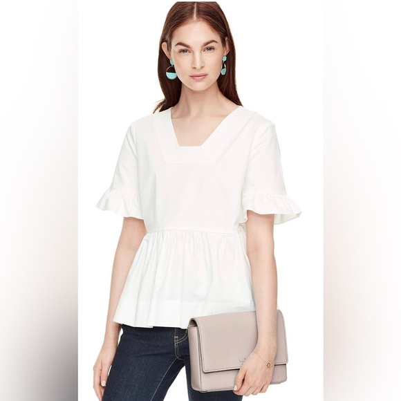 Kate Spade Broome Street White Square Neck Peplum Short Sleeve Top Romantic,S - Picture 1 of 6